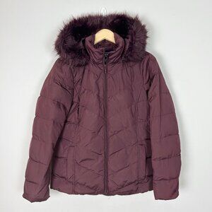 Lands’ End Puffer Down Jacket with Removable Fur Hood Deep Red Size Small Womens